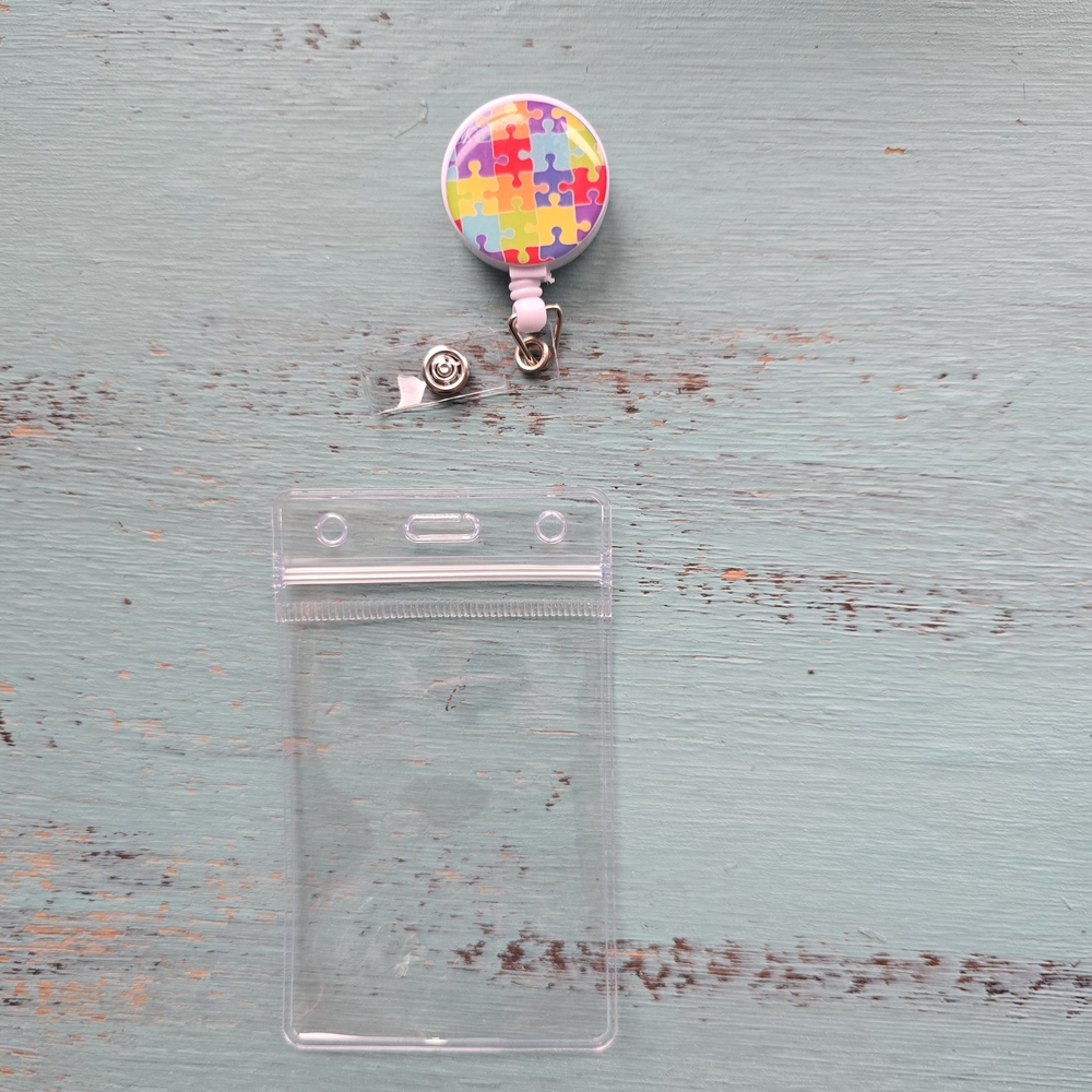 Clip On Badge Coloedul Puzzle Retractable Reel with Clear ID Holder